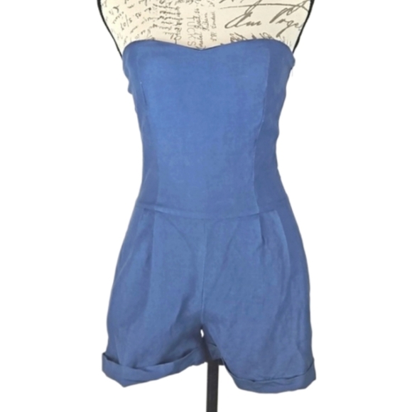 Vintage Pants - Vintage Arden B. Denim Sleeveless Strapless Shorts Romper, Blue, XS